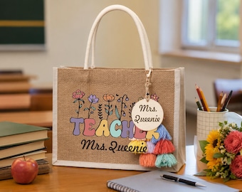 Back to School Teacher Gift, Personalized Teacher Tote Bag, Custom Name Burlap Bag for Classroom Thank You Gift