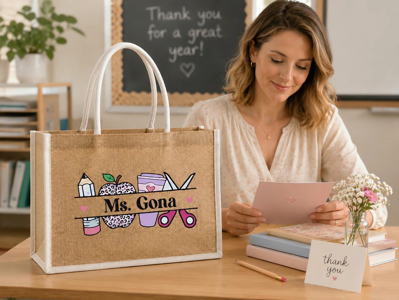 May include: A rectangular jute tote bag with white handles featuring a printed graphic of a pencil, a leopard print apple, a coffee cup, and scissors. The text "Ms. Gona" is printed in black across the center of the graphic design.