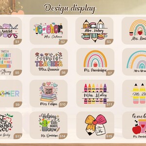 May include: A design display sheet featuring sixteen distinct rectangular labels labeled S1 through S16. Each label showcases colorful teacher-themed graphics including pencils, rainbows, apples, flowers, and books, with various names printed in script fonts.