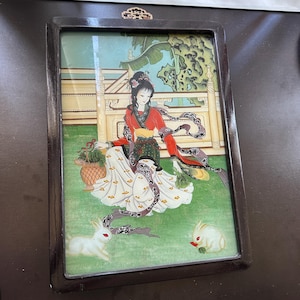 Early 20th Century Chinese Reverse Glass Portrait Vintage Chang’e, Moon Goddess, in company of white rabbits Art Painting
