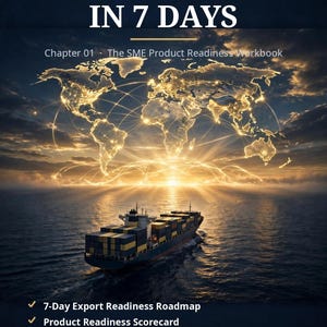 May include: A digital book cover titled Export Success Seller Roadmaps: Export Ready in 7 Days, Chapter 01 The SME Product Readiness Workbook. It features a cargo ship on the ocean beneath a glowing world map and a list of five included resources.