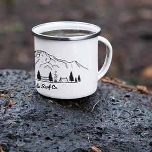 Mountains meet the Sea, Camping Enamel Mug | Adventure Awaits Coffee Mug