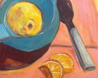 Breakfast at Tiffany's With Lemons, Oil on Linen Canvas