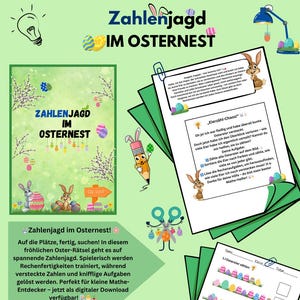Puede incluir: Una hoja de trabajo imprimible colorida para niños con el tema de la búsqueda de huevos de Pascua. La hoja de trabajo incluye un título "Zahlenjagd im Osternest!" que se traduce como "¡Búsqueda de números en el nido de Pascua!" en inglés. La hoja de trabajo incluye instrucciones para un juego de búsqueda de números y una sección para clasificar los huevos de Pascua por color.