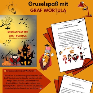Puede incluir: Un recurso educativo con temática de Halloween, titulado "Gruselspaß mit Graf Wortula." La imagen presenta un lápiz de dibujos animados, murciélagos, un castillo embrujado y hojas de trabajo para completar. La combinación de colores es naranja, negro y blanco.
