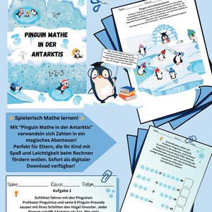 Op de afbeelding: Een printbaar werkblad voor kinderen met een pinguïn die een afstudeerpet draagt en een boek vasthoudt. Het werkblad heeft de titel "Pinguin Mathe in der Antarktis" en bevat een rekenprobleem: 1+2=3. Het werkblad is ontworpen om kinderen te helpen wiskunde op een leuke en boeiende manier te leren.