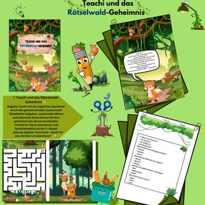 May include: A colorful illustration of a fox, a squirrel, and a pencil in a forest setting. The text "Teachi und das Rätselwald-Geheimnis" is at the top of the image. The image is a children's book illustration.