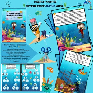 Pode incluir: Uma folha de trabalho educativa colorida para crianças com cenas subaquáticas com peixes, estrelas do mar e um polvo. A folha de trabalho inclui problemas de matemática com números e bolhas. O texto na folha de trabalho diz "Meeres-Knirpse - Unterwasser-Mathe Ahoi!" e "Abtauchen, Rechnen & Staunen!"