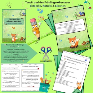 Puede incluir: Una hoja de trabajo imprimible colorida para niños con un zorro de dibujos animados llamado Teachi. La hoja de trabajo incluye una actividad de completar los espacios en blanco sobre la primavera, un cuestionario de opción múltiple sobre la primavera y una búsqueda de palabras. La hoja de trabajo está diseñada para ayudar a los niños a aprender sobre las señales de la primavera.
