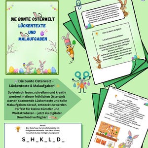 Puede incluir: Una hoja de trabajo colorida con un conejo y huevos de Pascua. La hoja de trabajo tiene el título "Die bunte Osterwelt", que se traduce como "El mundo colorido de Pascua". La hoja de trabajo incluye una actividad de completar los espacios en blanco con un acertijo sobre un cofre del tesoro.