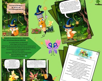 May include: A colorful illustration of a fox wearing a witch's hat and holding a magic wand. The fox is surrounded by a green forest with a butterfly and a fairy. The text "Teachi im Zauberwald - Diktate der verschwundenen Wörter" is at the top of the image.