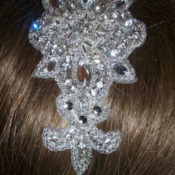 Couture Bridal Headband or Hair accessory of Rhinestone, Crystal and Silver Beaded Applique on your choice of silver headband or bobby pins for your wedding