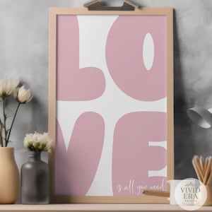 Stampa tipografica retrò "Love Wall Art" per camera da letto o dormitorio, stile anni '70, citazione positiva, decorazione minimalista, regalo per lei.