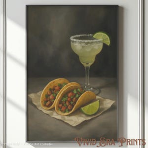 Plakat Tacos i Margarita do kuchni, dekoracja ścienna, meksykańskie jedzenie, prezent dla miłośnika tacos, prezent dla niego, prezent dla niej, sztuka wózka barowego, wydruk do pokoju w akademiku