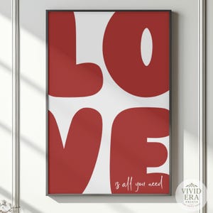 Arte de pared de amor de los años 70, impresión retro con cita personalizada, póster rojo preppy para dormitorio o pared de galería, decoración Y2K o regalo de boda