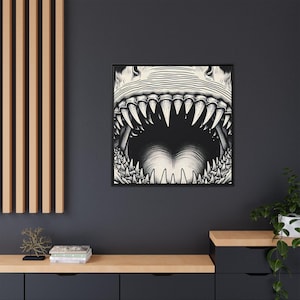 Arte em tela emoldurada com dentes de tubarão: decoração de parede com tema oceânico multicolorido