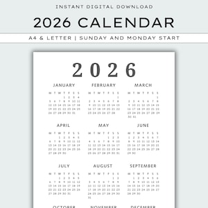 2026 Calendar | Single Page | Full Year Calendar | Desk Calendar | 2026 planner | 2026 Calendar poster | Wall Calendar | 2026 Planner insert