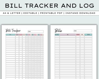 May include: Two printable bill tracker and log designs. The first design is a grid with columns for bill, amount, due date, auto-pay, paid, and notes. The second design is a list with columns for due date, bill, amount, paid, and notes.