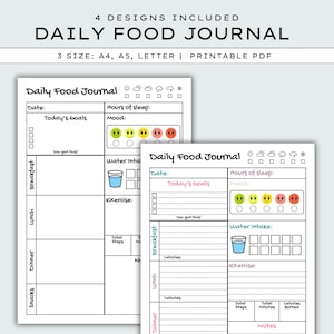Diario de comidas, diario de comidas, planificador semanal, diario imprimible en PDF, registro diario de calorías, plantilla de planificador, tamaño A4/A5/carta, planificador diario