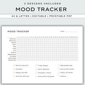 Daily Mood Tracker Simple, Printable Mood Track, Emotion tracker, Mood Journal, Mental health tracker, Anxiety Tracker, Instant Download PDF