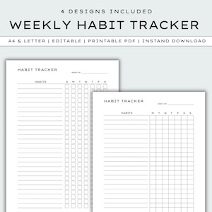 May include: Two printable weekly habit tracker templates. Each template has a list for habits and a grid for tracking daily progress. The first template has a grid with days of the week labelled S, M, T, W, T, F, S. The second template has a grid with days of the week labelled M, T, W, T, F, S, S.
