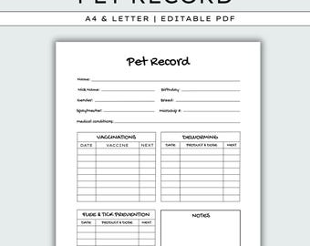 Editable Pet Health Record Template: Cat & Dog Tracker (A4/US Letter PDF)