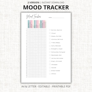 May include: A printable mood tracker with a grid for daily entries and a list of emotions. The title "MOOD TRACKER" is at the top, with the text "2 VERSION | INSTANT DOWNLOAD" above it. The months are color-coded.