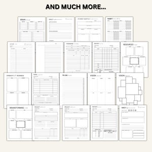 May include: A collection of black and white printable planner pages featuring various templates including a brain dump, daily affirmation, habit tracker, lecture notes, pomodoro tracker, report card, resources, to-do list, and vision board. Text reads AND MUCH MORE.