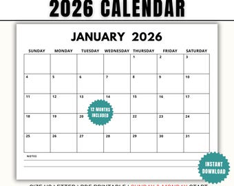 Druckbarer Kalender 2026, Monatsplaner Landschaft, Minimaler Monatskalender 2026, Montag & Sonntag Start, US Letter Wandkalender