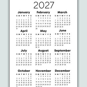 May include: A black and white 2027 calendar with a Sunday and Monday start. The calendar includes all twelve months, with each month's name and dates clearly displayed. The text "PRINTABLE PDF FILE" is at the bottom.