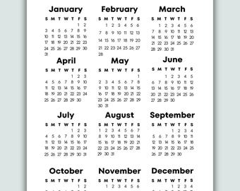 2027 Year at a Glance Calendar Printable, Full Year One Page, Minimalist Monday & Sunday Start, 2027 Calendar, 2027 Planner A4 A5 US Letter