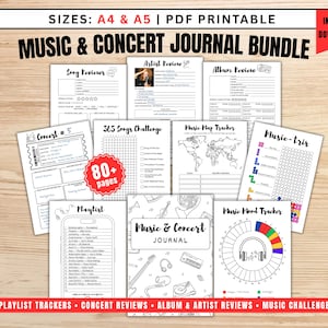 Könnte beinhalten: Ein digitales Musik- und Konzerttagebuch-Paket mit über 80 druckbaren Vorlagen, darunter Song-, Künstler- und Albumrezensionen, eine 365-Songs-Challenge, ein Musik-Karten-Tracker, Musik-tris, eine Playlist und ein Musik-Stimmungs-Tracker.