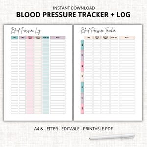 May include: A printable blood pressure tracker and log with the text "BLOOD PRESSURE TRACKER + LOG". The log features columns for date, time, systolic, diastolic, heart rate, and notes. The tracker includes a weekly layout with colour-coded days.