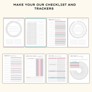 May include: A collection of printable self-care trackers and checklists. The designs include monthly and weekly trackers, with space for daily entries. The color scheme features pastel pink, blue, and purple accents. The text at the top reads "MAKE YOUR OWN CHECKLIST AND TRACKERS."