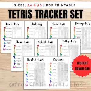 May include: A printable Tetris tracker set with various themed templates, including Book-tris, Adulting, and Exercise. The set features colorful icons and a grid for tracking progress. The text "INSTANT DOWNLOAD" is on a red starburst.