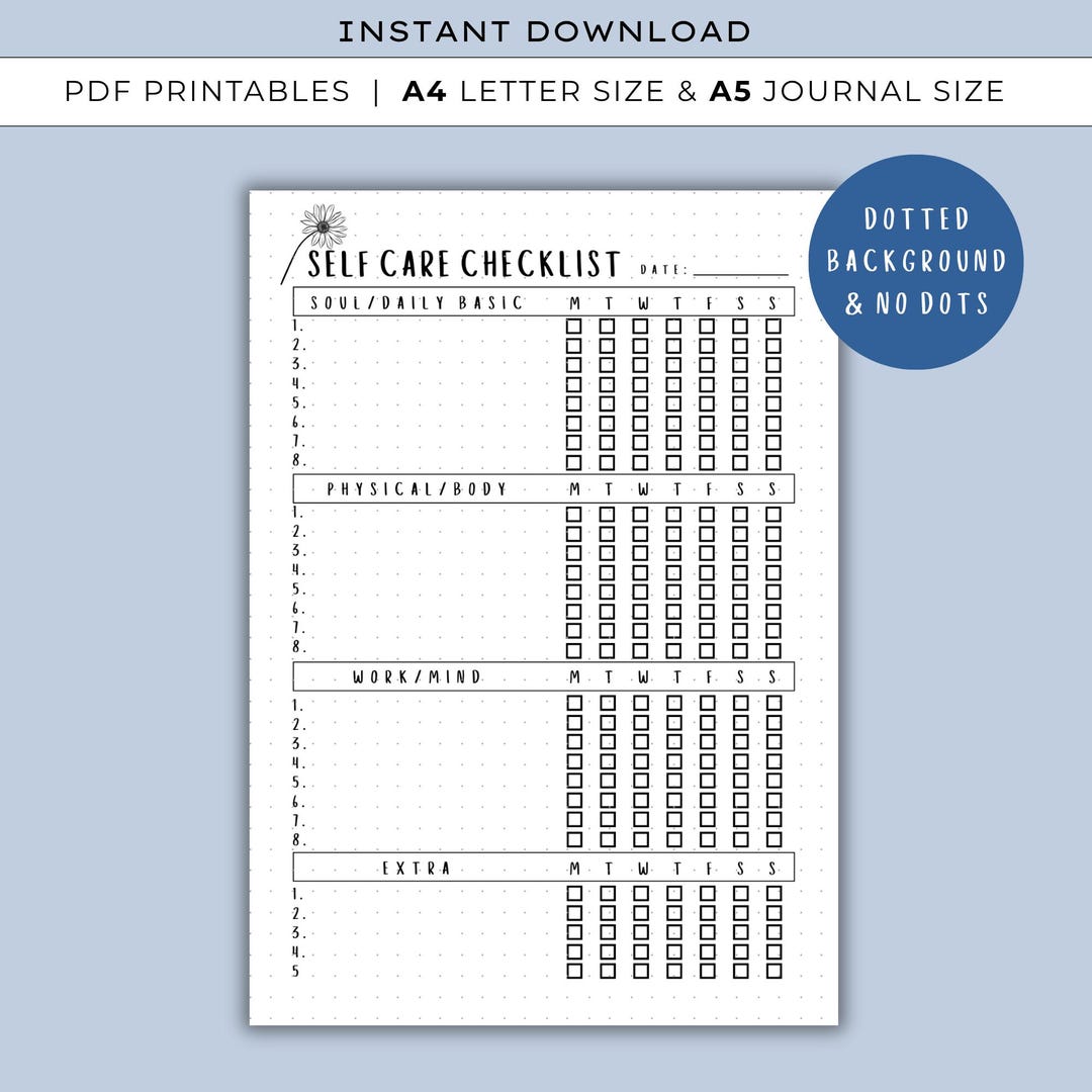 Self Care Checklist - PRINTABLE Journal Page - Planner Page, Weekly ...