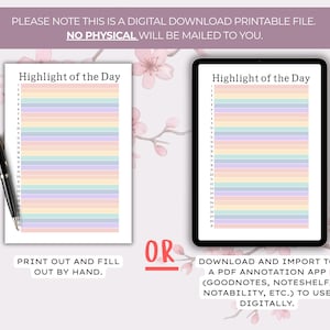 Op de afbeelding: Een digitaal printbaar bestand met een Highlight of the Day plannerpagina met pastelkleurige horizontale lijnen genummerd van &eacute;&eacute;n tot eenendertig. Het ontwerp wordt getoond als fysieke print met een zwarte pen en op een tablet.