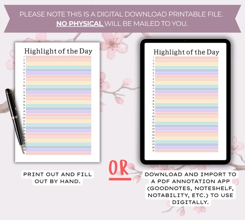 Op de afbeelding: Een digitaal printbaar bestand met een Highlight of the Day plannerpagina met pastelkleurige horizontale lijnen genummerd van &eacute;&eacute;n tot eenendertig. Het ontwerp wordt getoond als fysieke print met een zwarte pen en op een tablet.