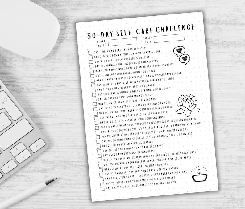 Self Care Challenge - PRINTABLE Journal Page - Planner Page - 30 Day ...