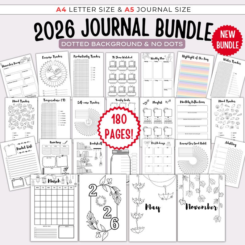 2026 Journal Bundle - Printable Journal Pages, BUNDLE C, Digital Planner Pages, Daily Weekly Monthly Planners, 2026 Journal, Bullet Journal image 1
