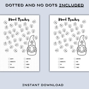 May include: Two black and white mood tracker pages with the text "Mood Tracker" and "Instant Download". Each page features a gnome, clovers, and checkboxes for tracking moods like happy, energetic, and relaxed.