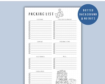 May include: A black and white packing list printable with sections for clothing, toiletries, comfort, electronics, food, and more. The text "Packing List" is at the top, with the text "Instant Download" and "PDF Printables" above it. A blue circle says "Dotted Background & No Dots".