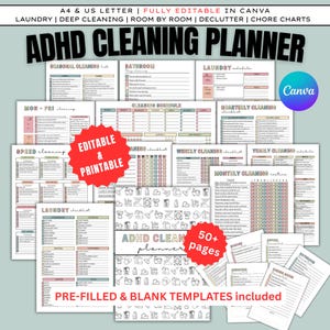May include: An ADHD cleaning planner with 50+ pages of editable and printable templates. The collection includes laundry, deep cleaning, room-by-room, declutter, and chore charts with pre-filled and blank options in A4 and US letter sizes.