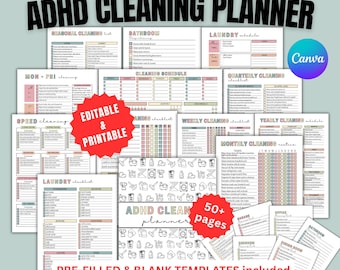 ADHD cleaning planner bundle pdf editable Canva, Home cleaning Checklist, Weekly, Monthly, Yearly Schedule, Declutter, Family Chore Chart