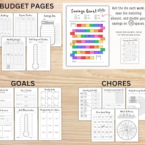 May include: A selection of printable budget pages, goal trackers, and chore charts. The pages include expense trackers, savings challenges, and a savings quest game. The pages are black and white with colourful accents.