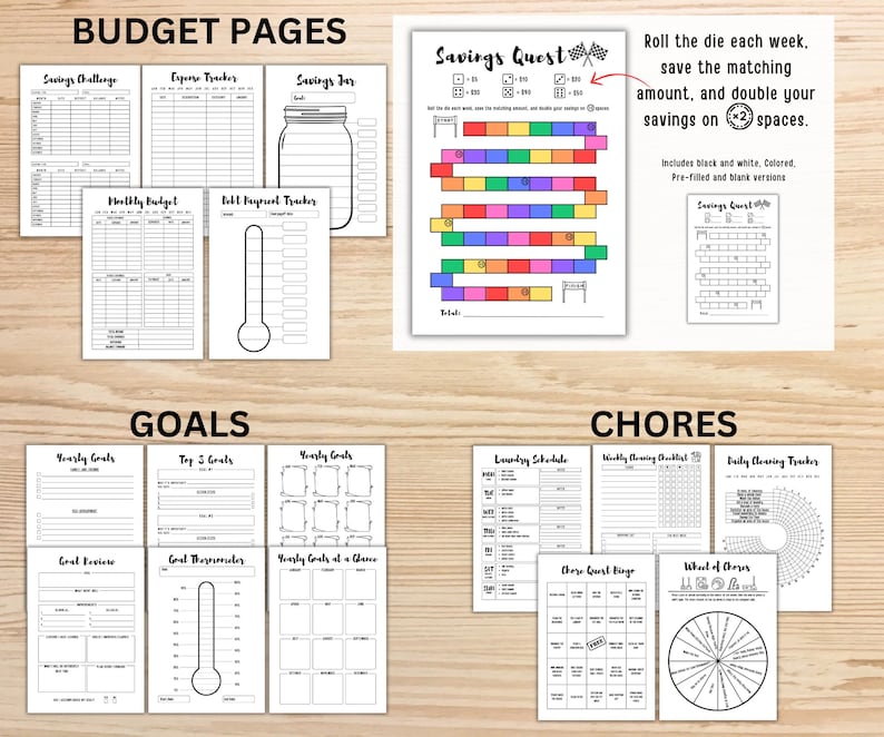 May include: A selection of printable budget pages, goal trackers, and chore charts. The pages include expense trackers, savings challenges, and a savings quest game. The pages are black and white with colourful accents.