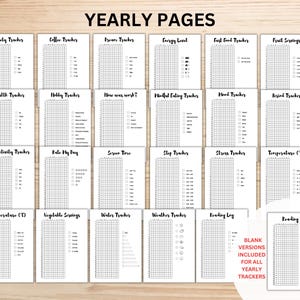 May include: A set of white yearly tracker pages, each with a different title such as "Anxiety Tracker" and "Reading Log." The pages have grid layouts for recording habits and goals. The text "YEARLY PAGES" is at the top. Measurements are not applicable.