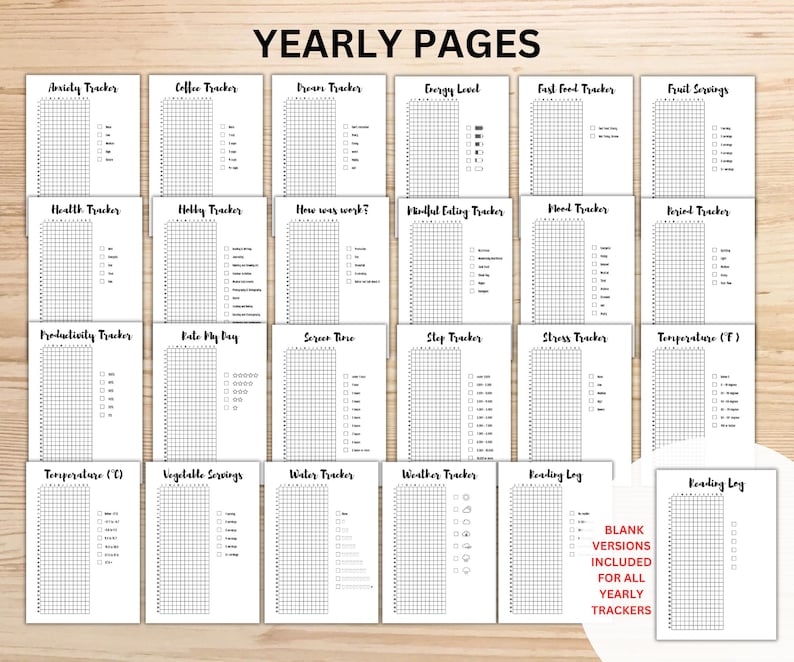 May include: A set of white yearly tracker pages, each with a different title such as "Anxiety Tracker" and "Reading Log." The pages have grid layouts for recording habits and goals. The text "YEARLY PAGES" is at the top. Measurements are not applicable.