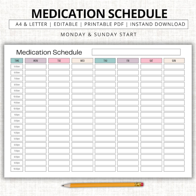 File Header Medication Weekly Medication Schedule: Printable Medication Tracker (A4, US Letter ...