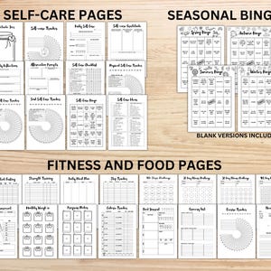 May include: A selection of printable planner pages, featuring headings such as 'Self-Care Pages', 'Seasonal Bingo', and 'Fitness and Food Pages'. The pages are in black and white and include trackers, checklists, and bingo cards. The text 'BLANK VERSIONS INCLUDED' is also visible.